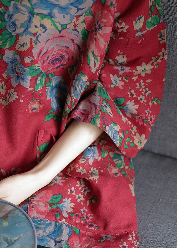 Unique V Neck Asymmetric Clothes Red Print Dresses Blouses