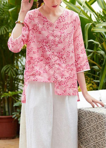 Unique V Neck Asymmetric Linen Tops Shirts Pink Print Blouses Summer
