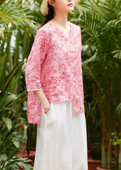 Unique V Neck Asymmetric Linen Tops Shirts Pink Print Blouses Summer