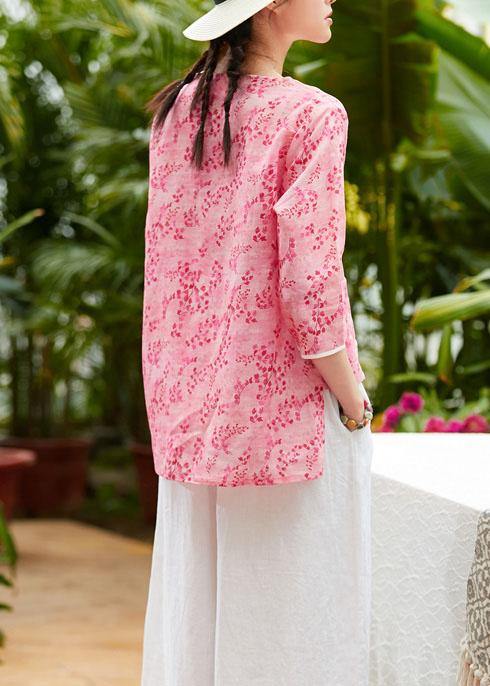 Unique V Neck Asymmetric Linen Tops Shirts Pink Print Blouses Summer
