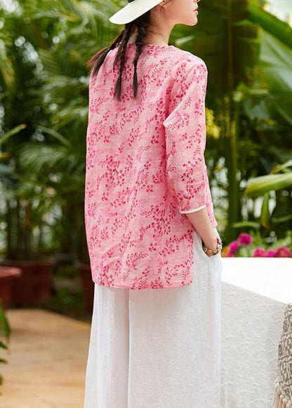 Unique V Neck Asymmetric Linen Tops Shirts Pink Print Blouses Summer