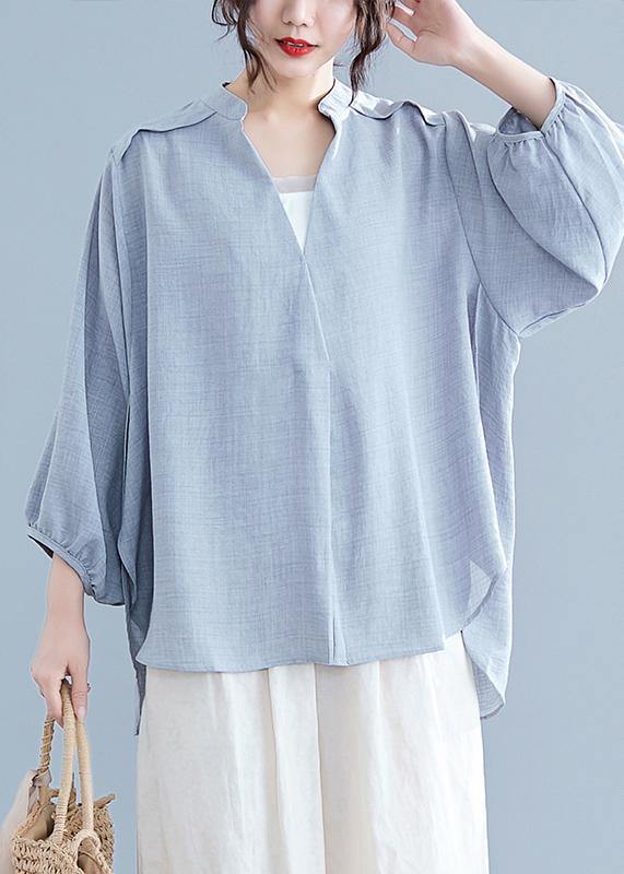 Unique V Neck Batwing Sleeve Cotton Linen Tops Gray Blouses Summer