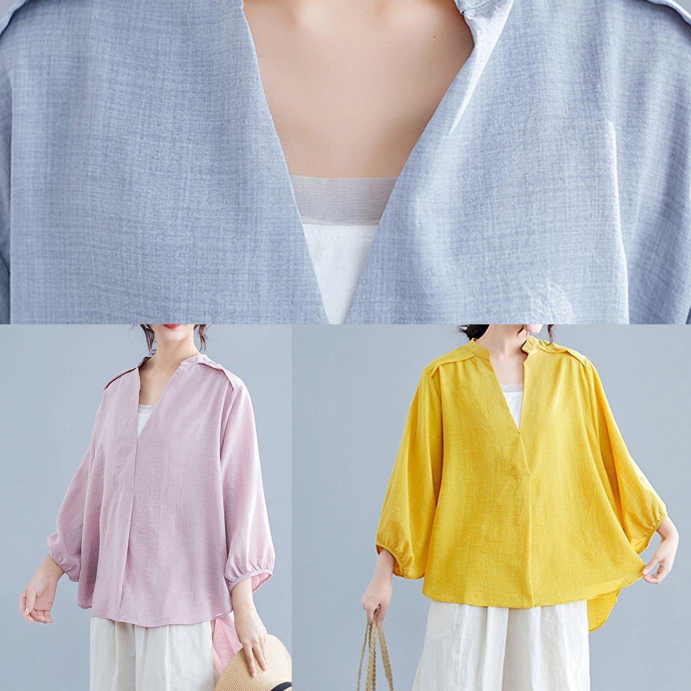 Unique v neck batwing sleeve cotton linen tops women gray Plus Size blouses summer