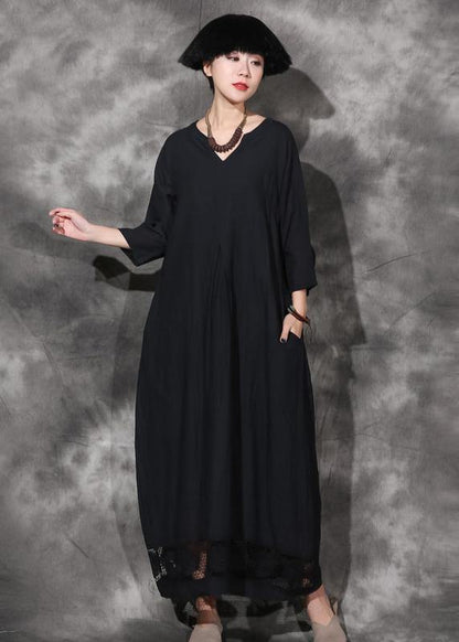 Unique V Neck Cotton Dress Wardrobes Black Patchwork Lace Hem Dress Summer