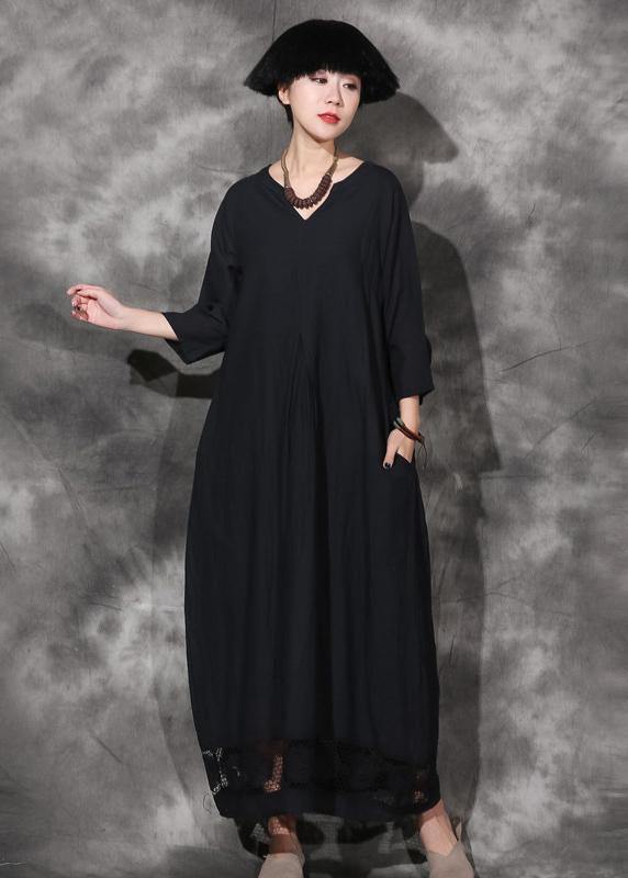 Unique V Neck Cotton Dress Wardrobes Black Patchwork Lace Hem Dress Summer