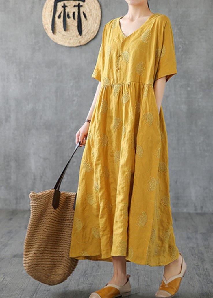 Unique V Neck Embroidery Linen Robes Runway Yellow Dress