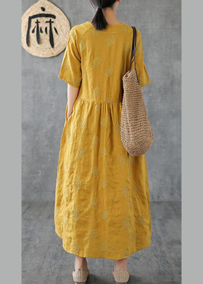 Unique V Neck Embroidery Linen Robes Runway Yellow Dress