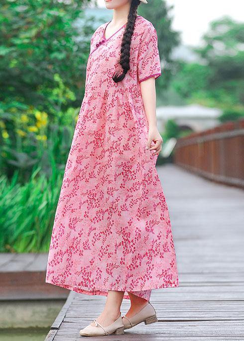 Unique V Neck Pockets Cotton Linen Quilting Clothes Linen Pink Print Dress Summer