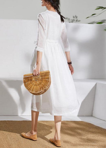 Unique V Neck Pockets Linen Wardrobes White Dresses