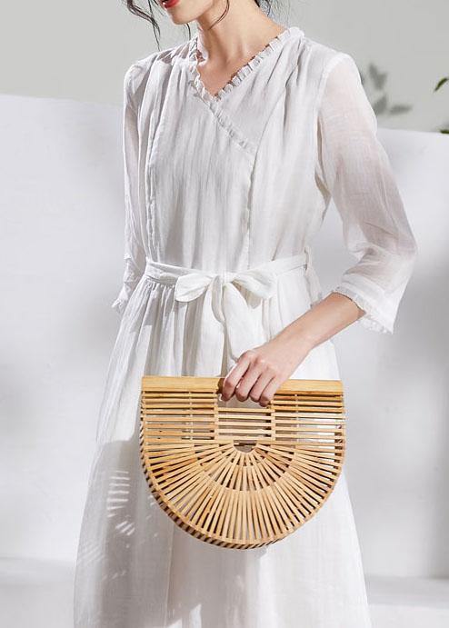 Unique V Neck Pockets Linen Wardrobes White Dresses