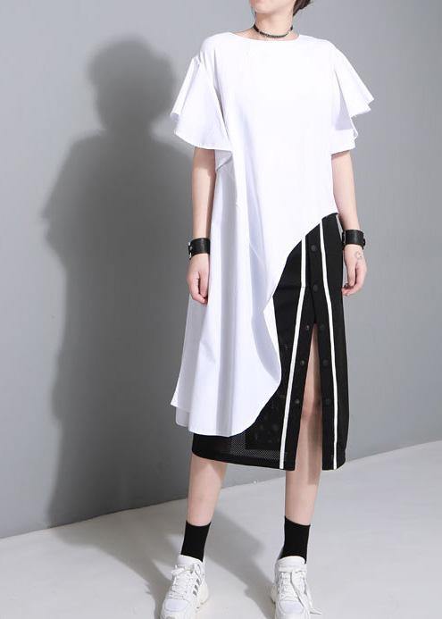 Unique White Cotton Clothes Petal Sleeve Baggy Side Open Summer Dress