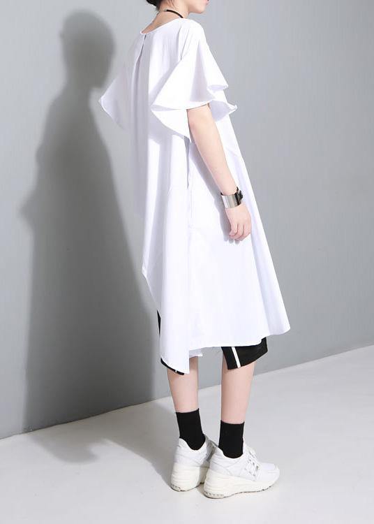 Unique White Cotton Clothes Petal Sleeve Baggy Side Open Summer Dress