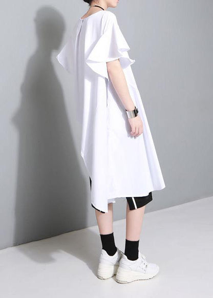Unique White Cotton Clothes Petal Sleeve Baggy Side Open Summer Dress