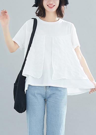 Unique White Cotton Tutorials O Neck Patchwork Knee Summer Blouse