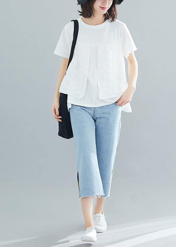 Unique White Cotton Tutorials O Neck Patchwork Knee Summer Blouse