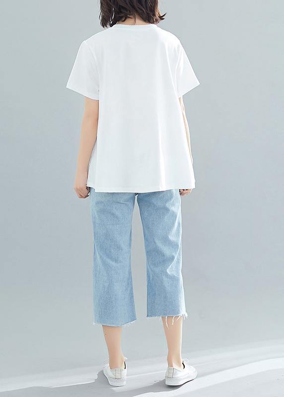 Unique White Cotton Tutorials O Neck Patchwork Knee Summer Blouse