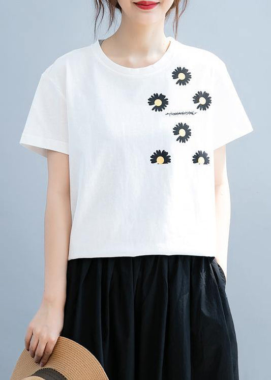 Unique White Daisy Print Tops O Neck Short Blouse