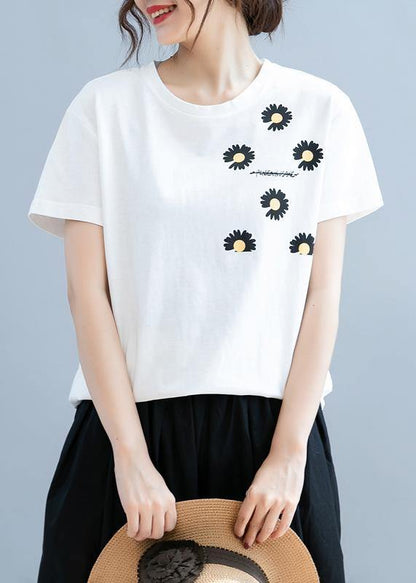 Unique White Daisy Print Tops O Neck Short Blouse