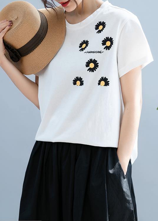 Unique White Daisy Print Tops O Neck Short Blouse
