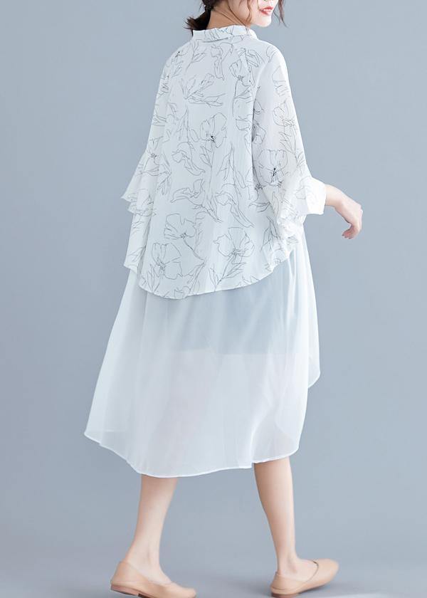 Unique White Print Chiffon Outfit Omychic Work O Neck Patchwork Asymmetric a Line Summer Dresses