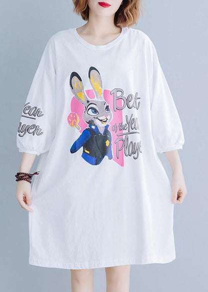 Unique White Prints Cotton Dress Back Lace Patchwork Baggy Summer Dress