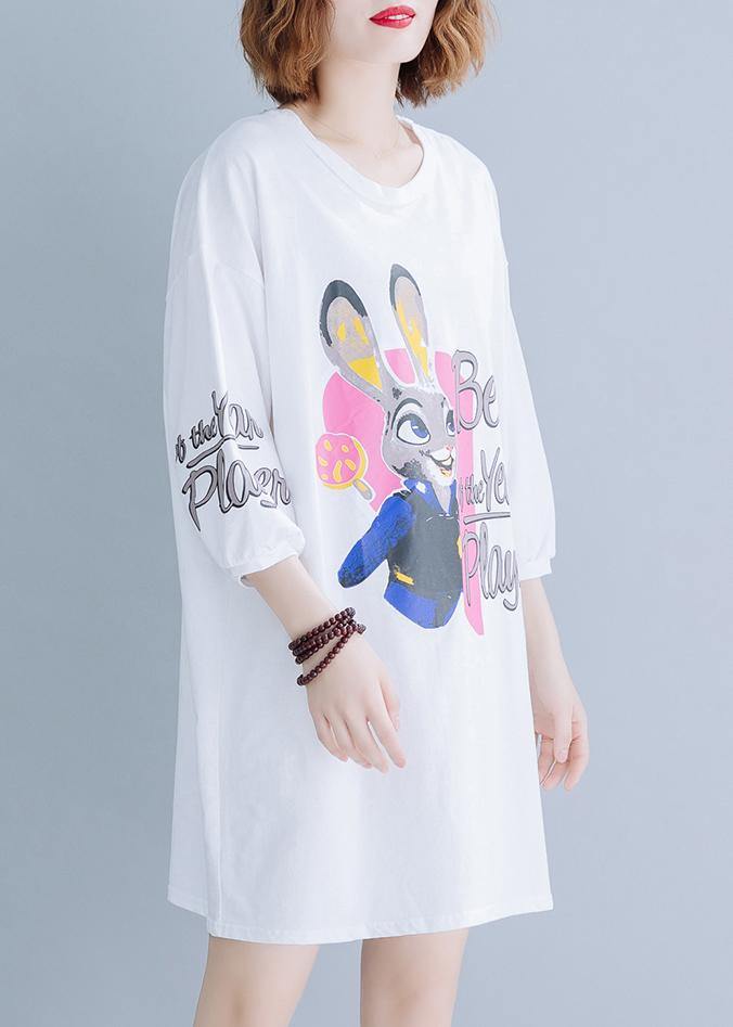 Unique White Prints Cotton Dress Back Lace Patchwork Baggy Summer Dress