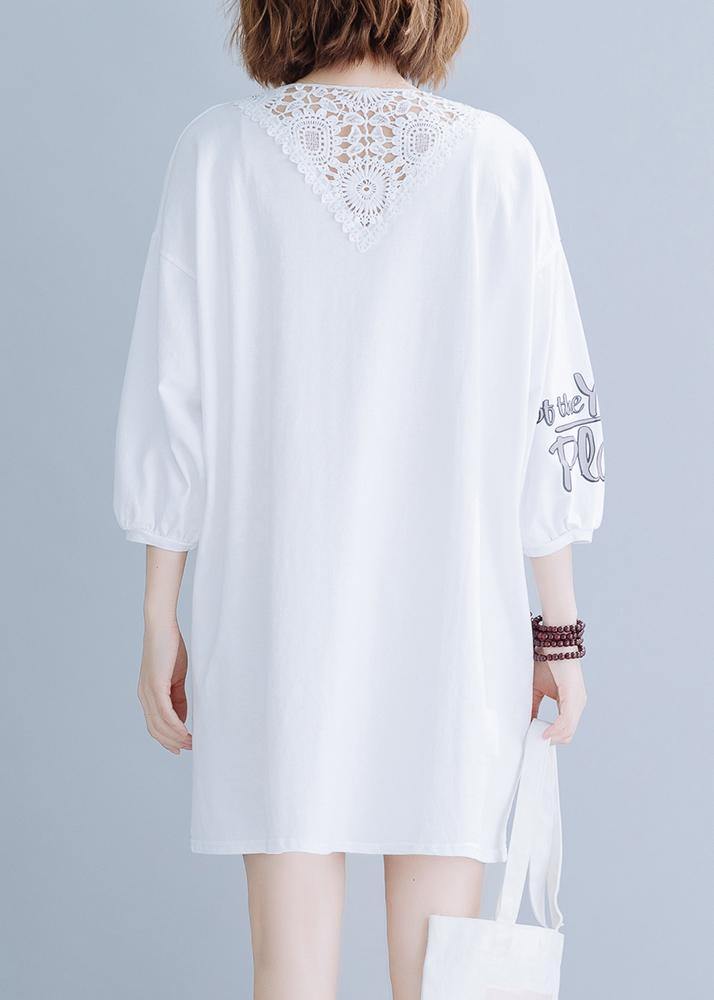 Unique White Prints Cotton Dress Back Lace Patchwork Baggy Summer Dress