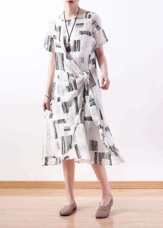 Unique White Prints Silk Linen Robes Tie Waist Cotton Summer Dress
