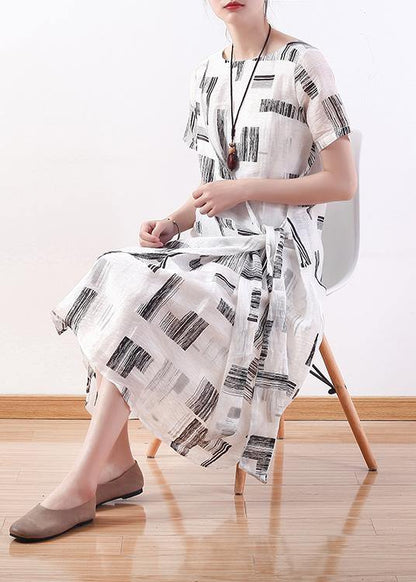 Unique White Prints Silk Linen Robes Tie Waist Cotton Summer Dress