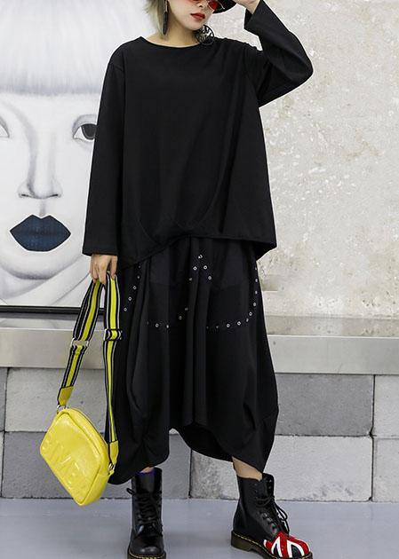 Unique Cinched Cotton Top Silhouette Neckline Black Blouses Fall