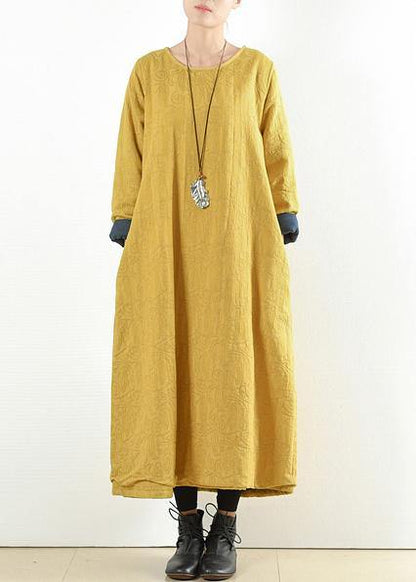 Unique Yellow Cotton Clothes Thick Warm Maxi O Neck Dresses