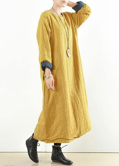 Unique Yellow Cotton Clothes Thick Warm Maxi O Neck Dresses