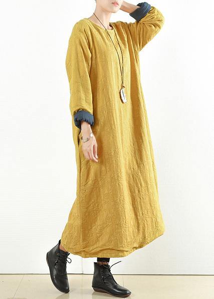 Unique Yellow Cotton Clothes Thick Warm Maxi O Neck Dresses