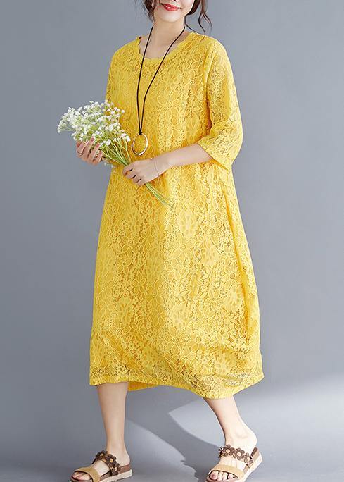 Unique Yellow Cotton Outfit Indian Sleeve Half Sleeve O Neck Maxi Summer Dresses