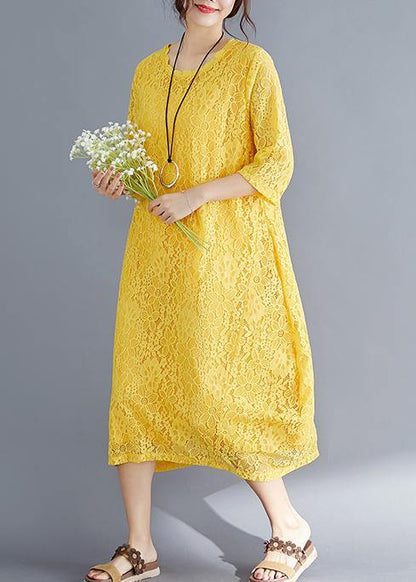 Unique Yellow Cotton Outfit Indian Sleeve Half Sleeve O Neck Maxi Summer Dresses