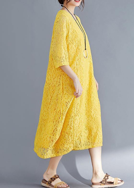 Unique Yellow Cotton Outfit Indian Sleeve Half Sleeve O Neck Maxi Summer Dresses