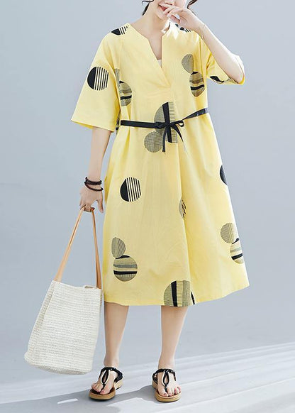 Unique Yellow Dotted Cotton Linen Clothes for V Neck Half Sleeve Daily Summer Dress