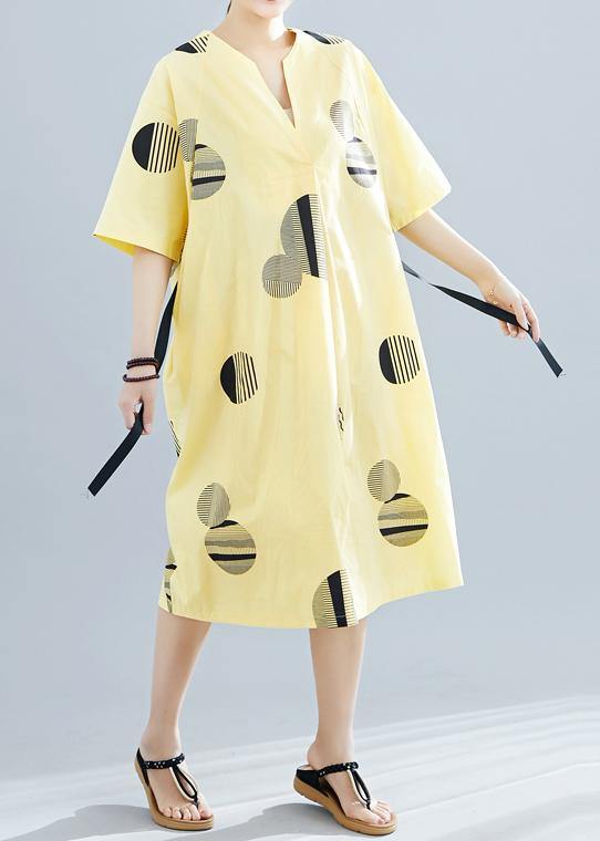 Unique Yellow Dotted Cotton Linen Clothes for V Neck Half Sleeve Daily Summer Dress