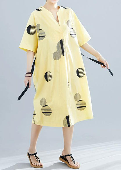 Unique Yellow Dotted Cotton Linen Clothes for V Neck Half Sleeve Daily Summer Dress