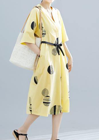 Unique Yellow Dotted Cotton Linen Clothes for V Neck Half Sleeve Daily Summer Dress