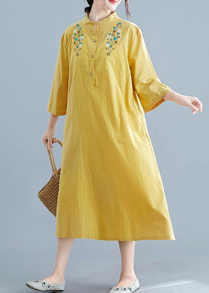 Unique Yellow Embroidery Cotton Clothes Stand Collar Pockets Summer Dress