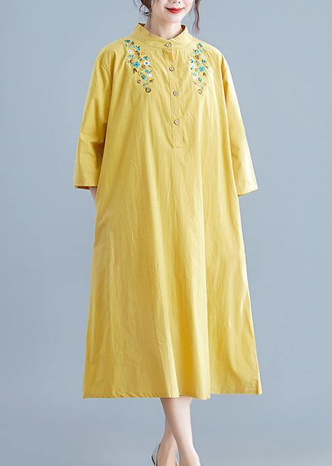 Unique Yellow Embroidery Cotton Clothes Stand Collar Pockets Summer Dress