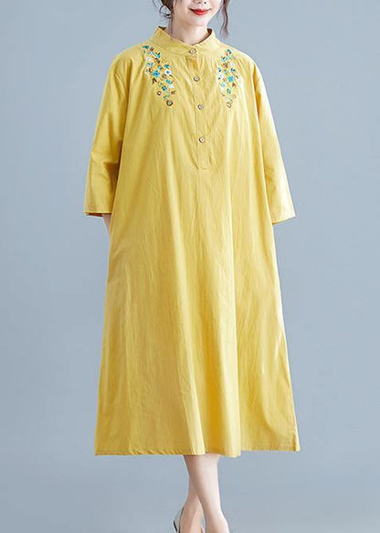 Unique Yellow Embroidery Cotton Clothes Stand Collar Pockets Summer Dress