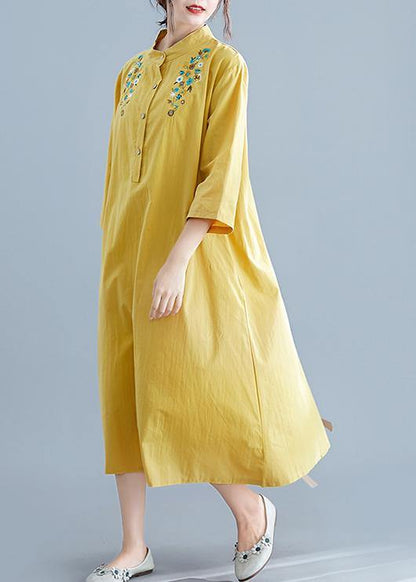 Unique Yellow Embroidery Cotton Clothes Stand Collar Pockets Summer Dress