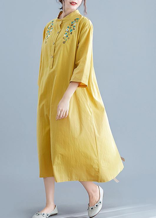 Unique Yellow Embroidery Cotton Clothes Stand Collar Pockets Summer Dress