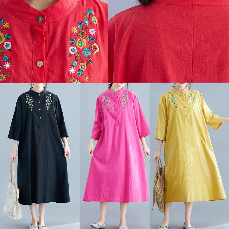Unique Yellow Embroidery Cotton Clothes Stand Collar Pockets Summer Dress