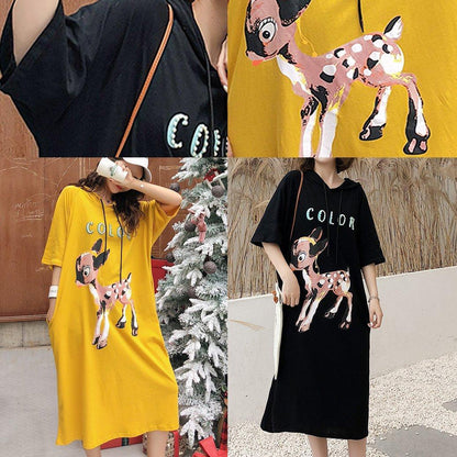 Unique Yellow Print Cotton Quilting Dresses Indian Shape O Neck Half Sleeve Kaftan Summer Dress