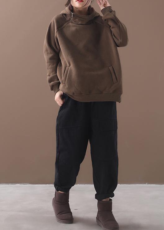 Unique Zippered Cotton Hooded Tops Blouses Wardrobes Brown Blouses