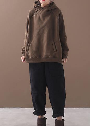 Unique Zippered Cotton Hooded Tops Blouses Wardrobes Brown Blouses