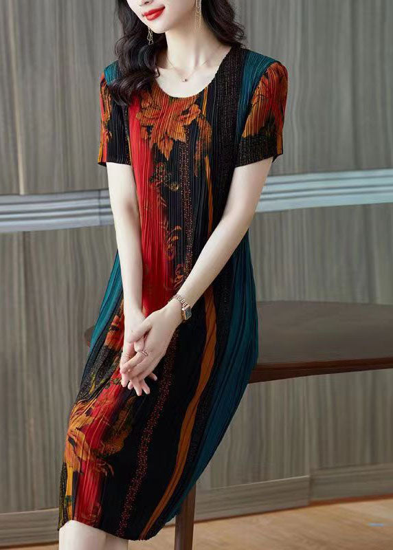 Unique Black Green O-neck Print Silk Vacation Dresses Short Sleeve